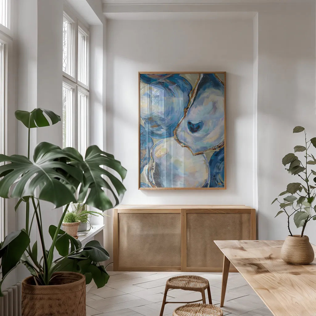 Matununk Shells Tan by Jeanette Vertentes. shown as a print in a natural wood frame in a dining room. Available as a archival giclee rolled canvas, fine art paper, or poster print. SKU 75974h.