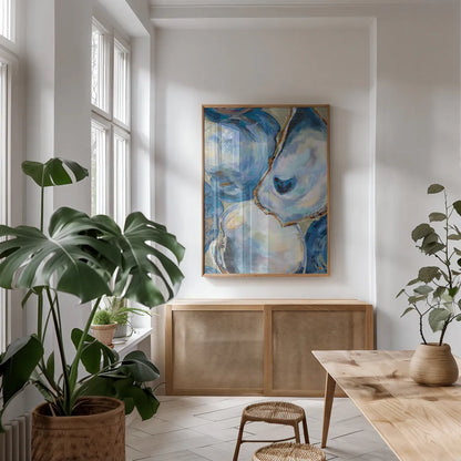 Matununk Shells Tan by Jeanette Vertentes. shown as a print in a natural wood frame in a dining room. Available as a archival giclee rolled canvas, fine art paper, or poster print. SKU 75974h.