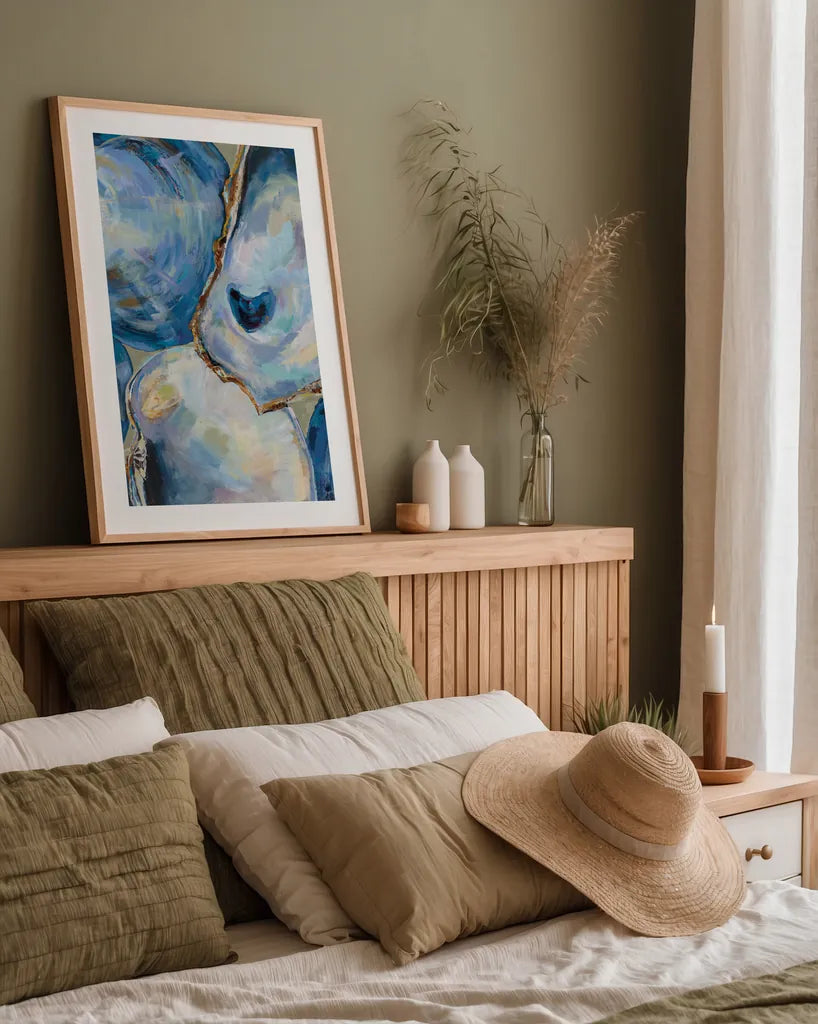 Matununk Shells Tan by Jeanette Vertentes. shown as a paper print in a natural frame. Available as a archival giclee rolled canvas, fine art paper, or poster print. SKU 75974h.