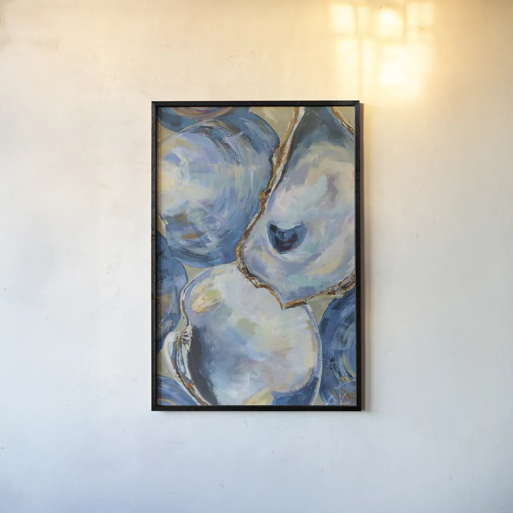 Matununk Shells Tan by Jeanette Vertentes. shown as a paper print in a black flame. Available as a archival giclee rolled canvas, fine art paper, or poster print. SKU 75974h.