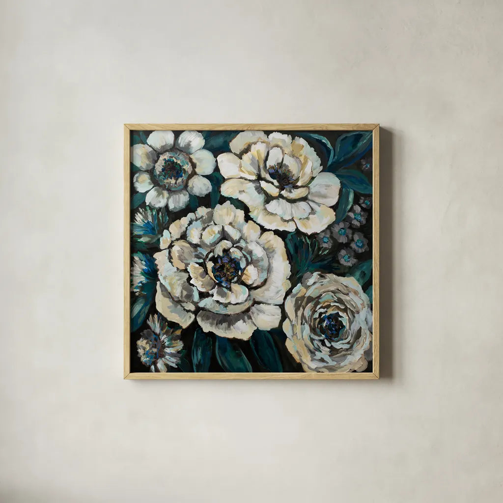 Midnight by Jeanette Vertentes. Shown in a natural wood glass frame for a timeless modern aesthetic. Available as an archival giclee rolled canvas, fine art paper, or poster print. SKU 56810a.