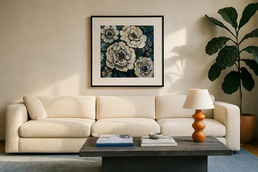Midnight by Jeanette Vertentes. Displayed in a glass frame with matte in a clean modern living room. Available as an archival giclee rolled canvas, fine art paper, or poster print. SKU 56810a.