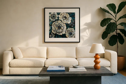 Midnight by Jeanette Vertentes. Displayed in a glass frame with matte in a clean modern living room. Available as an archival giclee rolled canvas, fine art paper, or poster print. SKU 56810a.