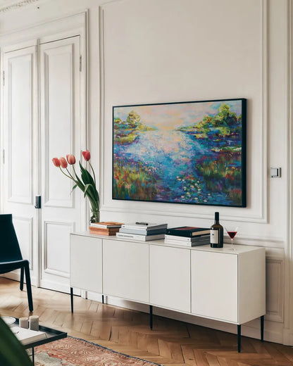 Monet Day by Jeanette Vertentes. shown as a framed stretched canvas in a living room above a console. Available as a archival giclee rolled canvas, fine art paper, or poster print. SKU 78036i.
