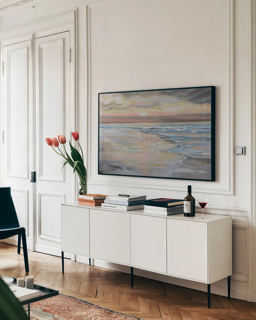 Morning Run by Jeanette Vertentes. shown as a framed stretched canvas in a living room above a console. Available as a archival giclee rolled canvas, fine art paper, or poster print. SKU 95740i.