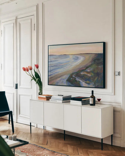 Morning Stroll by Jeanette Vertentes. shown as a framed stretched canvas in a living room above a console. Available as a archival giclee rolled canvas, fine art paper, or poster print. SKU 95742i.