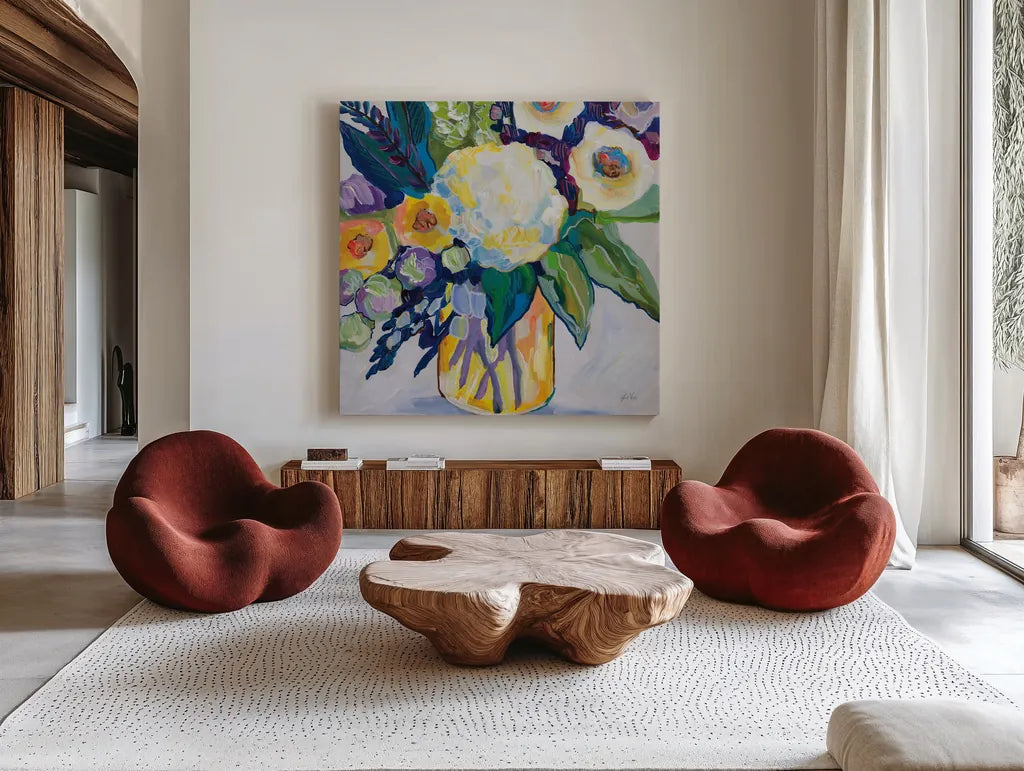 My Flame by Jeanette Vertentes. Shown as extra-large giant wall art in a modern living room. Available as an archival giclee rolled canvas, fine art paper, or poster print. SKU 95750a.