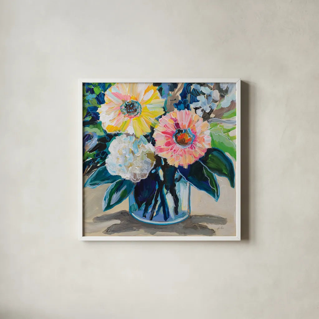 My Treasure by Jeanette Vertentes. Shown in a crisp white glass frame for a clean and minimalist style. Available as an archival giclee rolled canvas, fine art paper, or poster print. SKU 96280a.