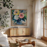 My Treasure by Jeanette Vertentes. Shown in a natural wood frame in a cozy modern living room. Available as an archival giclee rolled canvas, fine art paper, or poster print. SKU 96280a.
