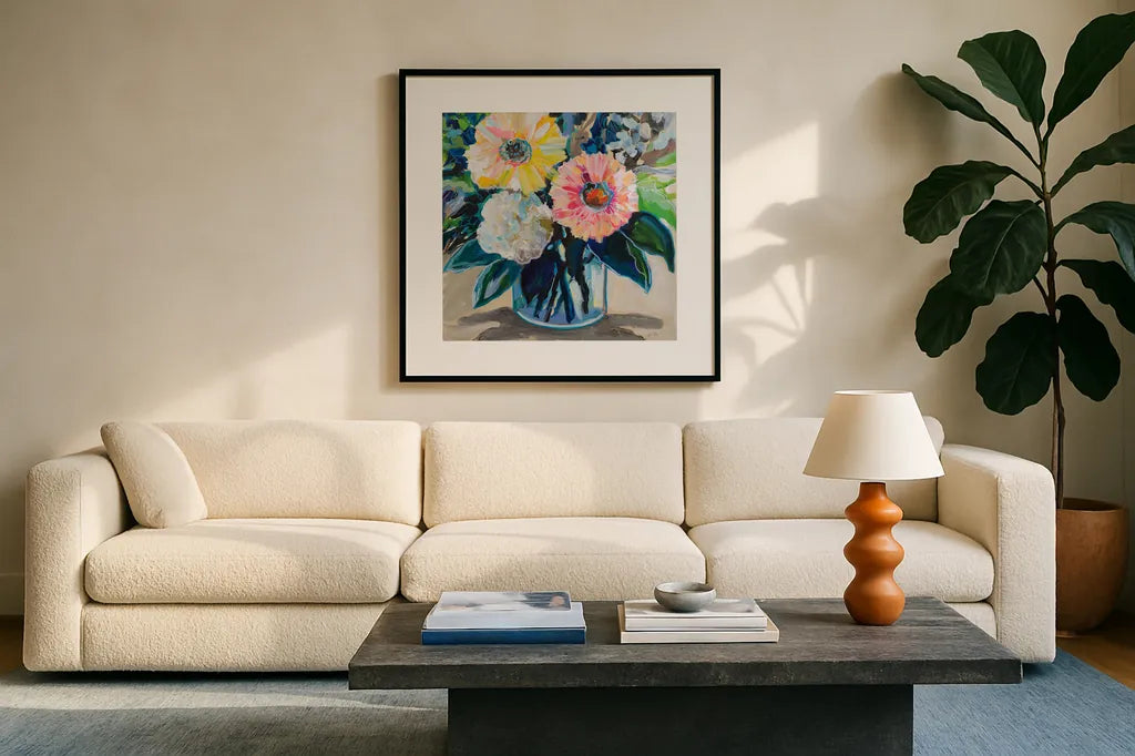 My Treasure by Jeanette Vertentes. Displayed in a glass frame with matte in a clean modern living room. Available as an archival giclee rolled canvas, fine art paper, or poster print. SKU 96280a.