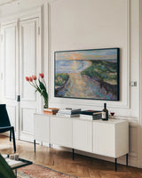 Napatree Sunset by Jeanette Vertentes. shown as a framed stretched canvas in a living room above a console. Available as a archival giclee rolled canvas, fine art paper, or poster print. SKU 92742i.