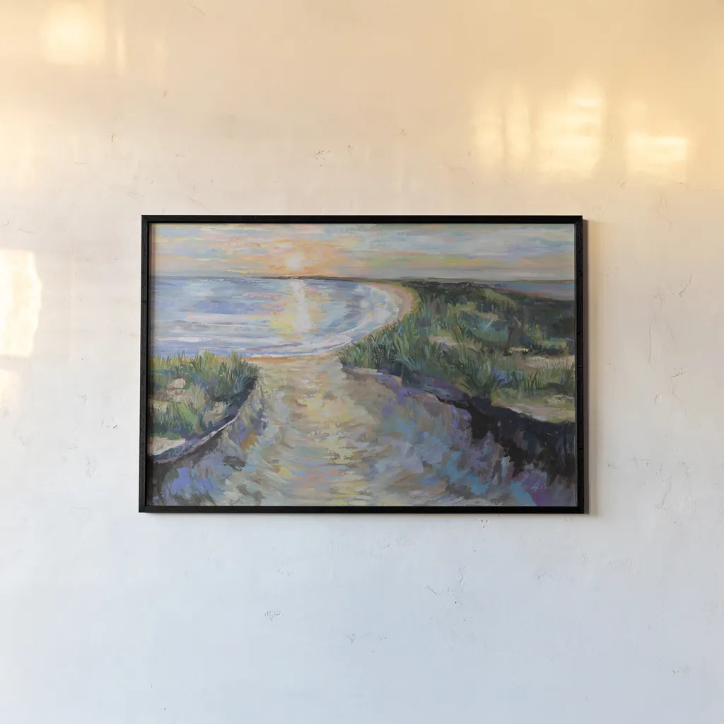 Napatree Sunset by Jeanette Vertentes. shown as a paper print in a black flame. Available as a archival giclee rolled canvas, fine art paper, or poster print. SKU 92742i.