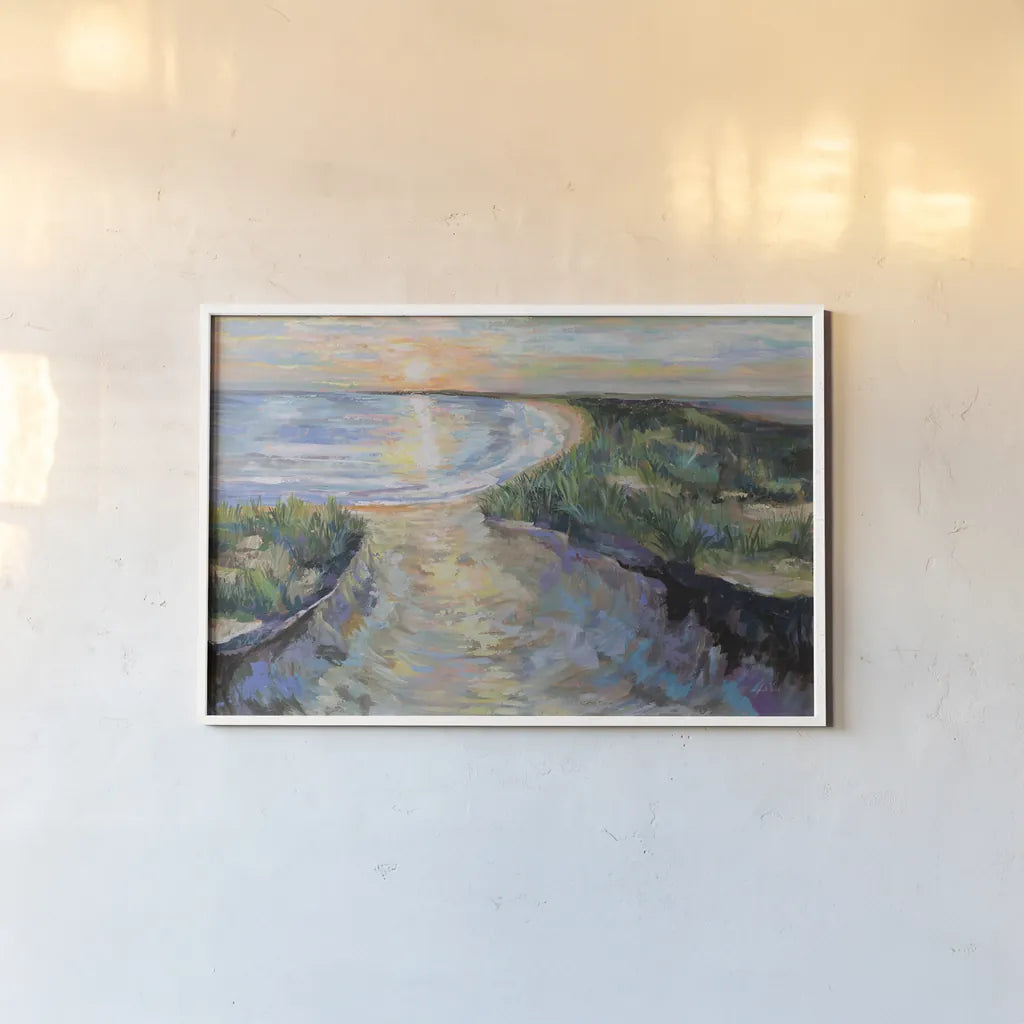 Napatree Sunset by Jeanette Vertentes. shown as a paper print in a white frame. Available as a archival giclee rolled canvas, fine art paper, or poster print. SKU 92742i.