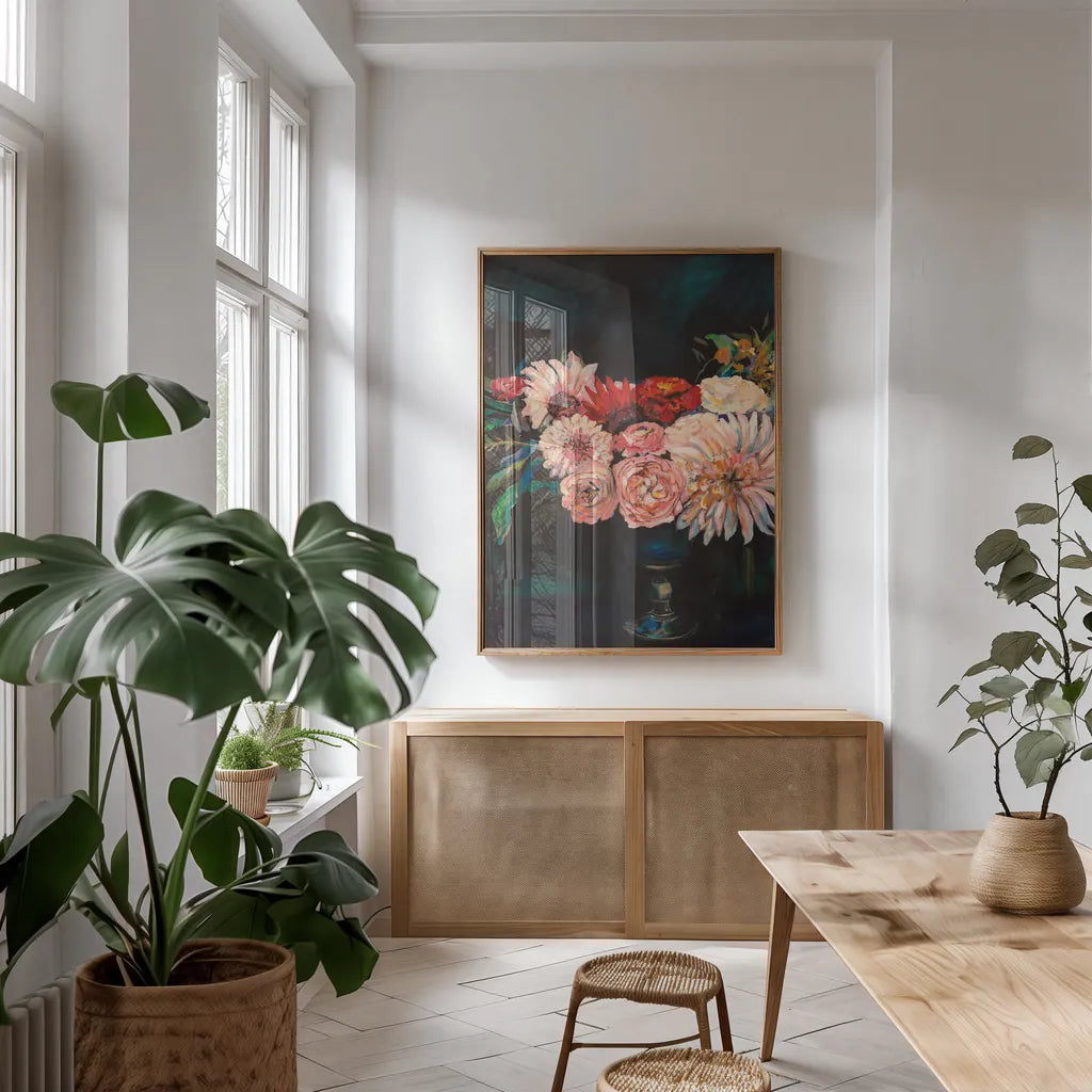 Newport Bouquet by Jeanette Vertentes. shown as a print in a natural wood frame in a dining room. Available as a archival giclee rolled canvas, fine art paper, or poster print. SKU 49353h.