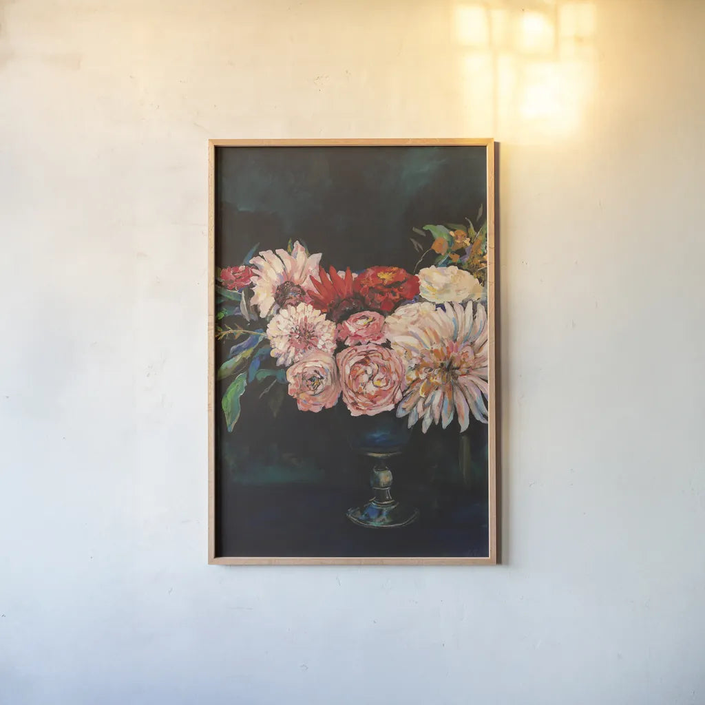 Newport Bouquet by Jeanette Vertentes. shown as a paper print in a natural frame. Available as a archival giclee rolled canvas, fine art paper, or poster print. SKU 49353h.