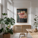 Newport Bouquet v2 by Jeanette Vertentes. shown as a print in a natural wood frame in a dining room. Available as a archival giclee rolled canvas, fine art paper, or poster print. SKU 51149h.
