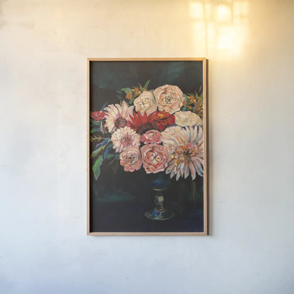 Newport Bouquet v2 by Jeanette Vertentes. shown as a paper print in a natural frame. Available as a archival giclee rolled canvas, fine art paper, or poster print. SKU 51149h.
