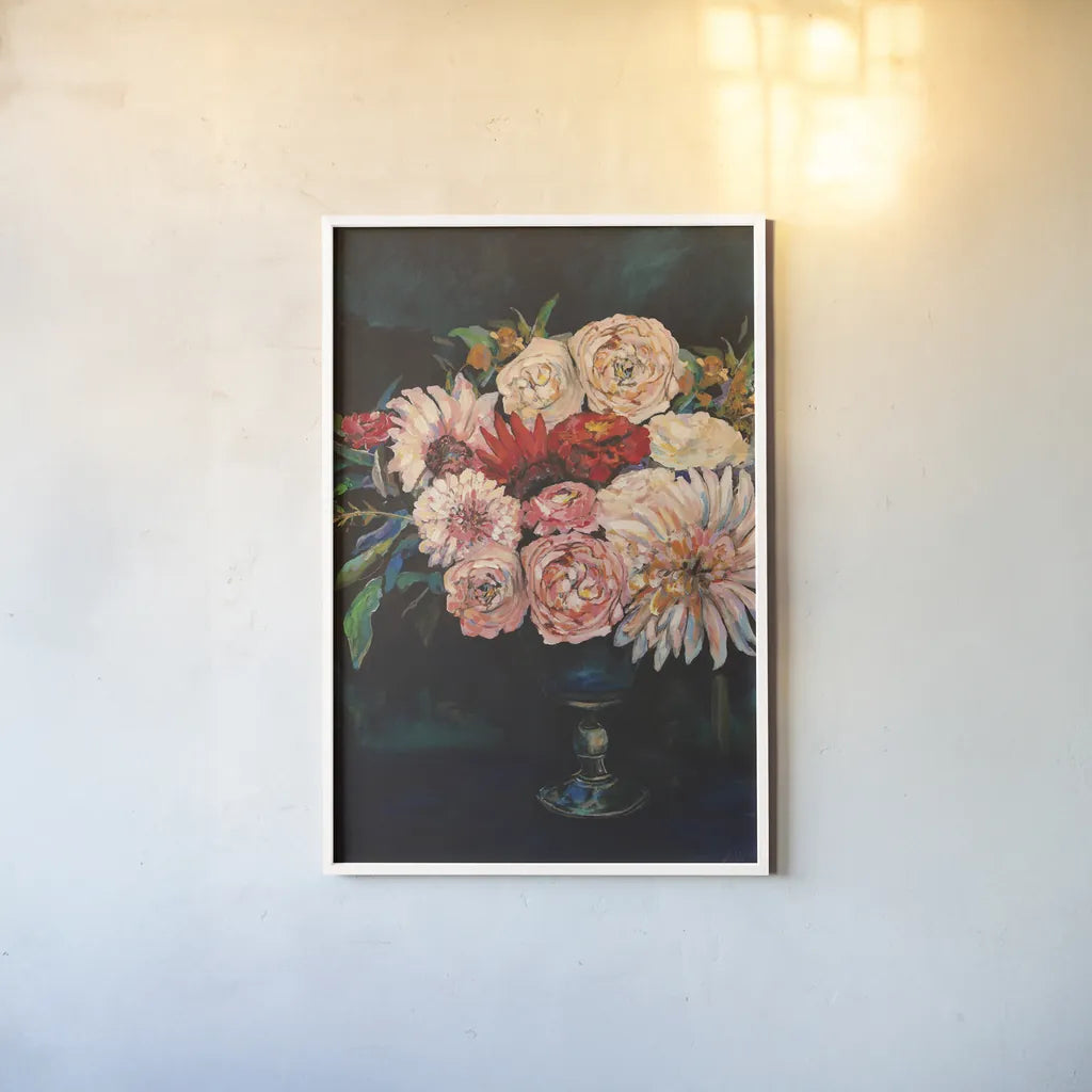 Newport Bouquet v2 by Jeanette Vertentes. shown as a paper print in a white frame. Available as a archival giclee rolled canvas, fine art paper, or poster print. SKU 51149h.