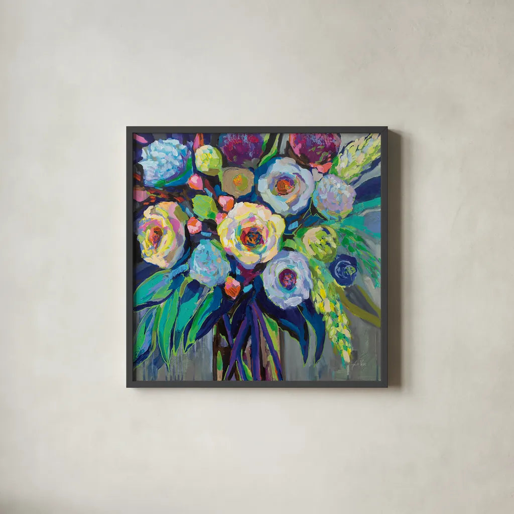 Nighttime by Jeanette Vertentes. Shown in a sleek black glass frame for a contemporary gallery look. Available as an archival giclee rolled canvas, fine art paper, or poster print. SKU 54408a.
