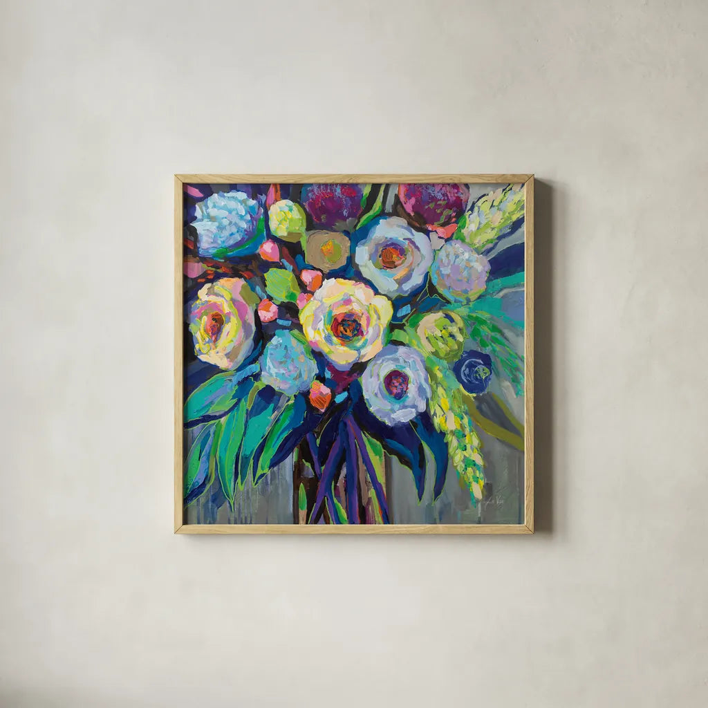 Nighttime by Jeanette Vertentes. Shown in a natural wood glass frame for a timeless modern aesthetic. Available as an archival giclee rolled canvas, fine art paper, or poster print. SKU 54408a.