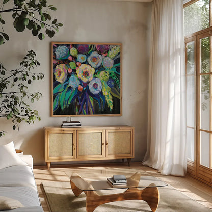 Nighttime Dark by Jeanette Vertentes. Shown in a natural wood frame in a cozy modern living room. Available as an archival giclee rolled canvas, fine art paper, or poster print. SKU 72304a.