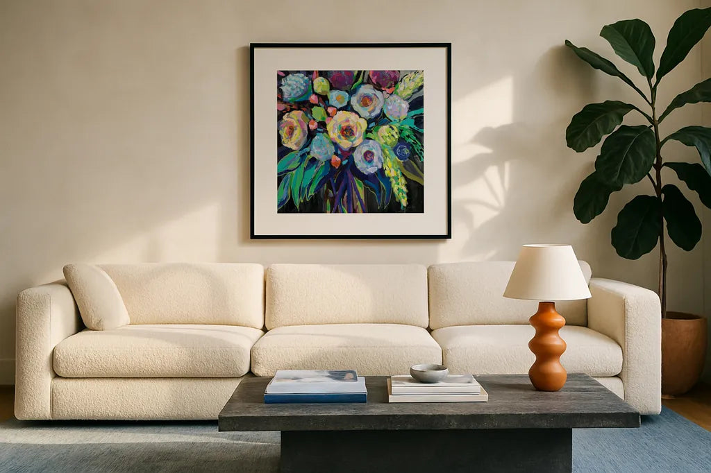 Nighttime Dark by Jeanette Vertentes. Displayed in a glass frame with matte in a clean modern living room. Available as an archival giclee rolled canvas, fine art paper, or poster print. SKU 72304a.