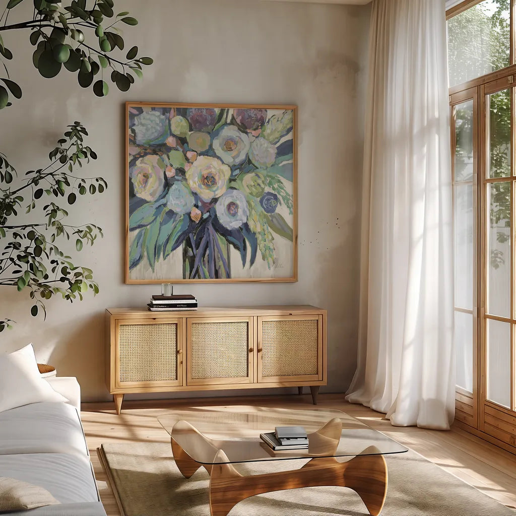 Nighttime Neutral by Jeanette Vertentes. Shown in a natural wood frame in a cozy modern living room. Available as an archival giclee rolled canvas, fine art paper, or poster print. SKU 61600a.