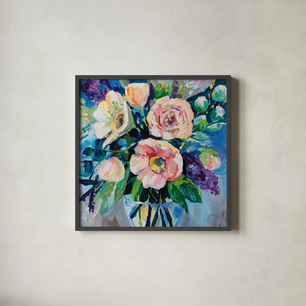 O Happy Day by Jeanette Vertentes. Shown in a sleek black glass frame for a contemporary gallery look. Available as an archival giclee rolled canvas, fine art paper, or poster print. SKU 93445a.