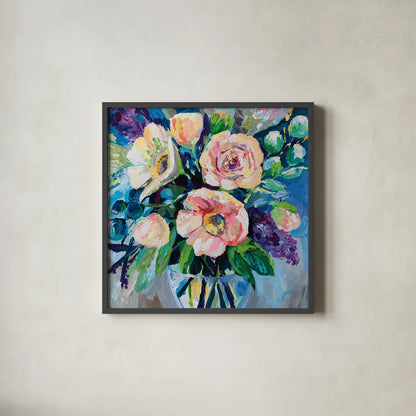 O Happy Day by Jeanette Vertentes. Shown in a sleek black glass frame for a contemporary gallery look. Available as an archival giclee rolled canvas, fine art paper, or poster print. SKU 93445a.