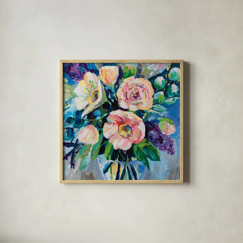 O Happy Day by Jeanette Vertentes. Shown in a natural wood glass frame for a timeless modern aesthetic. Available as an archival giclee rolled canvas, fine art paper, or poster print. SKU 93445a.