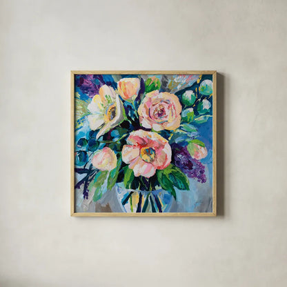 O Happy Day by Jeanette Vertentes. Shown in a natural wood glass frame for a timeless modern aesthetic. Available as an archival giclee rolled canvas, fine art paper, or poster print. SKU 93445a.