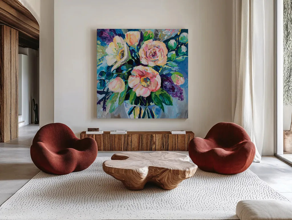 O Happy Day by Jeanette Vertentes. Shown as extra-large giant wall art in a modern living room. Available as an archival giclee rolled canvas, fine art paper, or poster print. SKU 93445a.