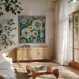 Ocean House by Jeanette Vertentes. Shown in a natural wood frame in a cozy modern living room. Available as an archival giclee rolled canvas, fine art paper, or poster print. SKU 54416a.