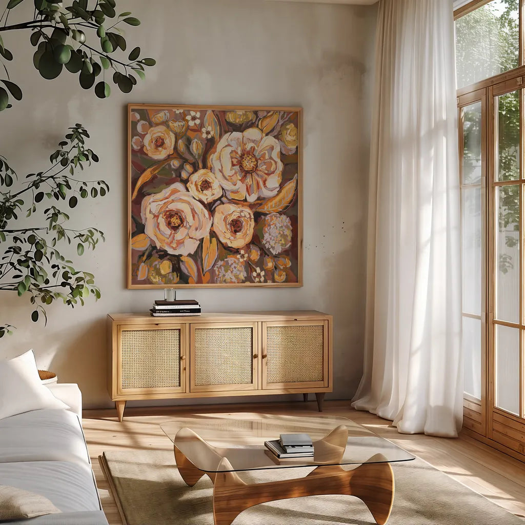 Ocean House Fall by Jeanette Vertentes. Shown in a natural wood frame in a cozy modern living room. Available as an archival giclee rolled canvas, fine art paper, or poster print. SKU 56481a.