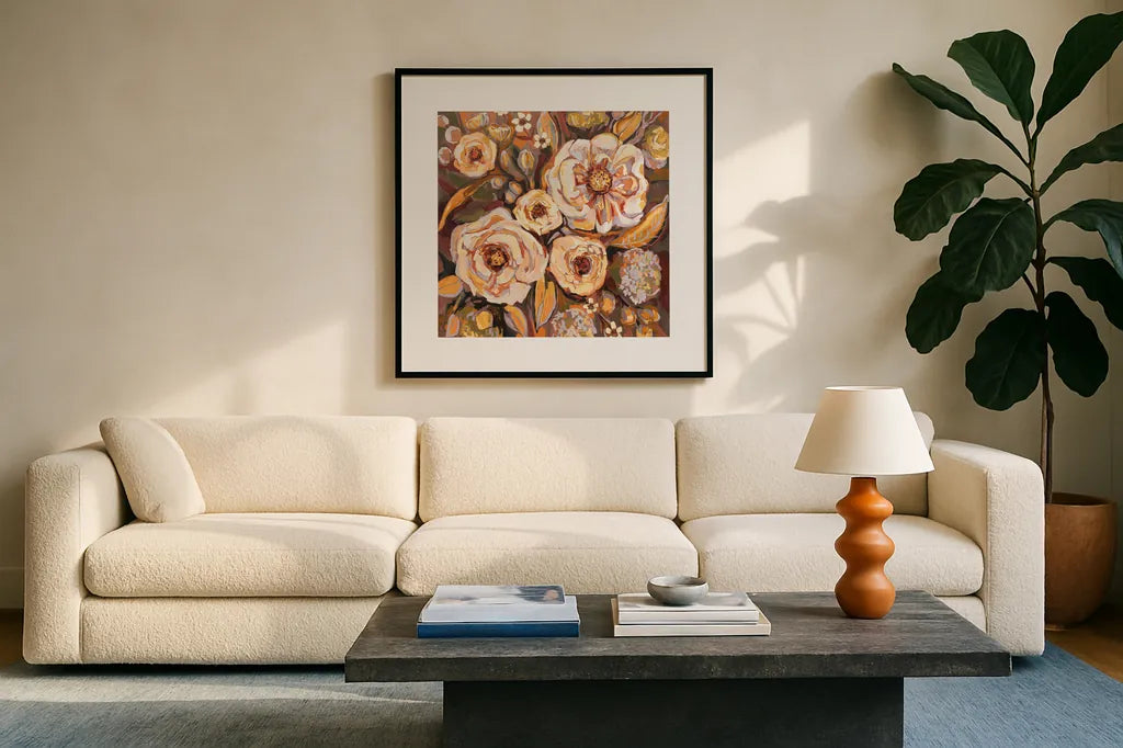 Ocean House Fall by Jeanette Vertentes. Displayed in a glass frame with matte in a clean modern living room. Available as an archival giclee rolled canvas, fine art paper, or poster print. SKU 56481a.