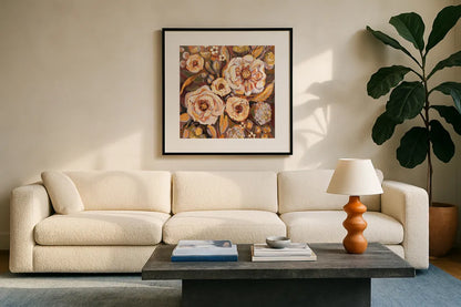 Ocean House Fall by Jeanette Vertentes. Displayed in a glass frame with matte in a clean modern living room. Available as an archival giclee rolled canvas, fine art paper, or poster print. SKU 56481a.