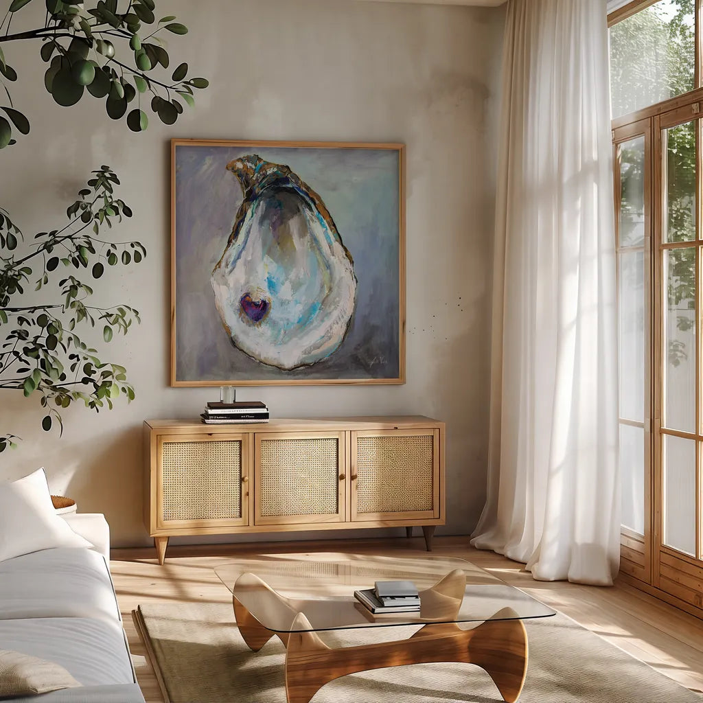 Open Heart by Jeanette Vertentes. Shown in a natural wood frame in a cozy modern living room. Available as an archival giclee rolled canvas, fine art paper, or poster print. SKU 83415a.
