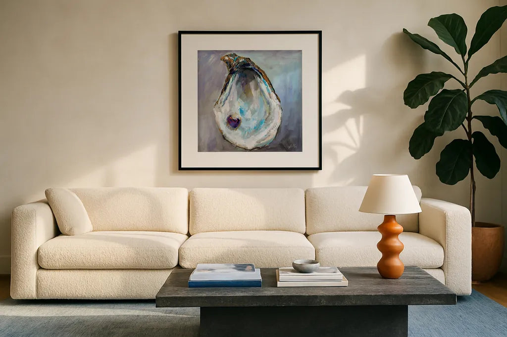 Open Heart by Jeanette Vertentes. Displayed in a glass frame with matte in a clean modern living room. Available as an archival giclee rolled canvas, fine art paper, or poster print. SKU 83415a.