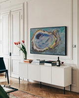 Oyster Two by Jeanette Vertentes. shown as a framed stretched canvas in a living room above a console. Available as a archival giclee rolled canvas, fine art paper, or poster print. SKU 55496i.