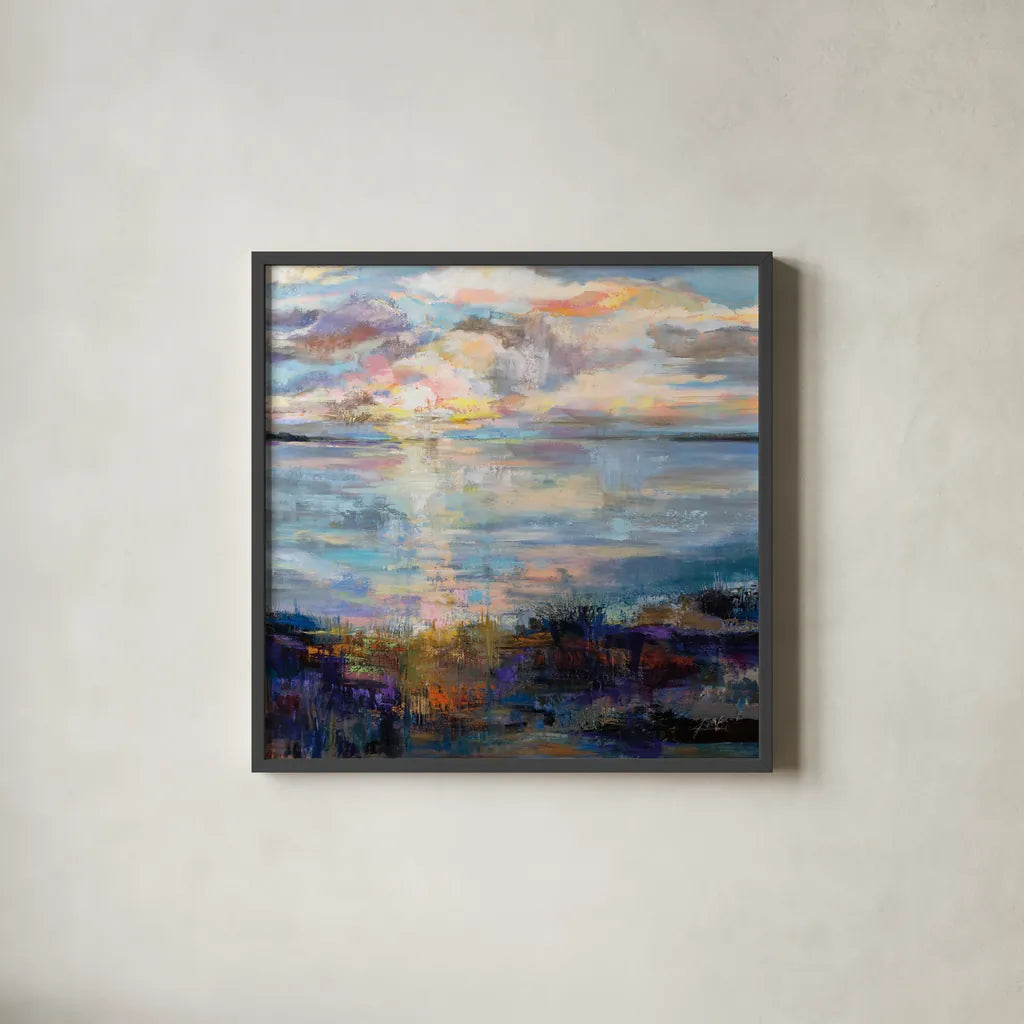 Pacify by Jeanette Vertentes. Shown in a sleek black glass frame for a contemporary gallery look. Available as an archival giclee rolled canvas, fine art paper, or poster print. SKU 82852a.