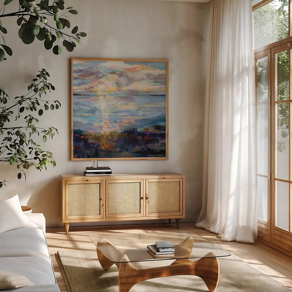 Pacify by Jeanette Vertentes. Shown in a natural wood frame in a cozy modern living room. Available as an archival giclee rolled canvas, fine art paper, or poster print. SKU 82852a.