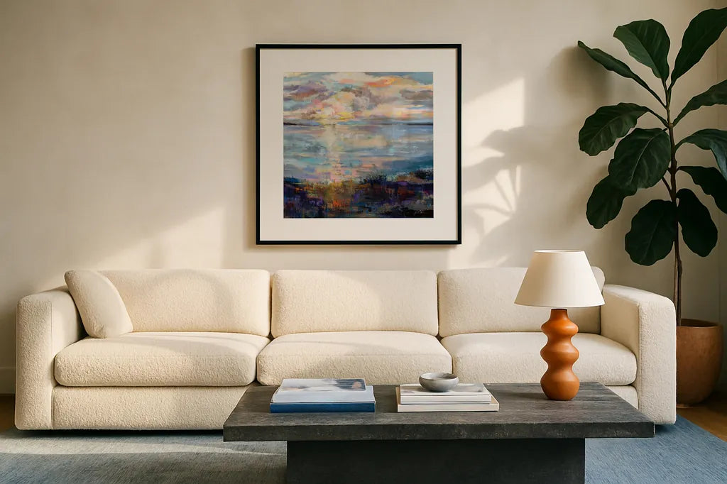 Pacify by Jeanette Vertentes. Displayed in a glass frame with matte in a clean modern living room. Available as an archival giclee rolled canvas, fine art paper, or poster print. SKU 82852a.