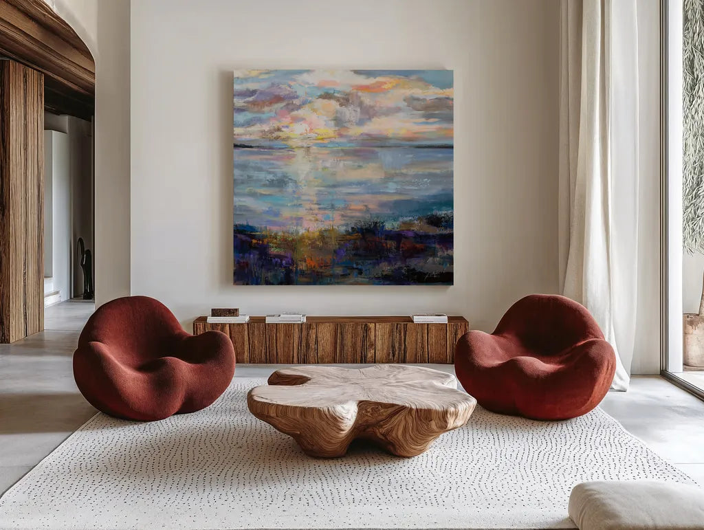 Pacify by Jeanette Vertentes. Shown as extra-large giant wall art in a modern living room. Available as an archival giclee rolled canvas, fine art paper, or poster print. SKU 82852a.