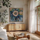 Peachy by Jeanette Vertentes. Shown in a natural wood frame in a cozy modern living room. Available as an archival giclee rolled canvas, fine art paper, or poster print. SKU 91761a.