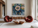 Peachy by Jeanette Vertentes. Shown as extra-large giant wall art in a modern living room. Available as an archival giclee rolled canvas, fine art paper, or poster print. SKU 91761a.