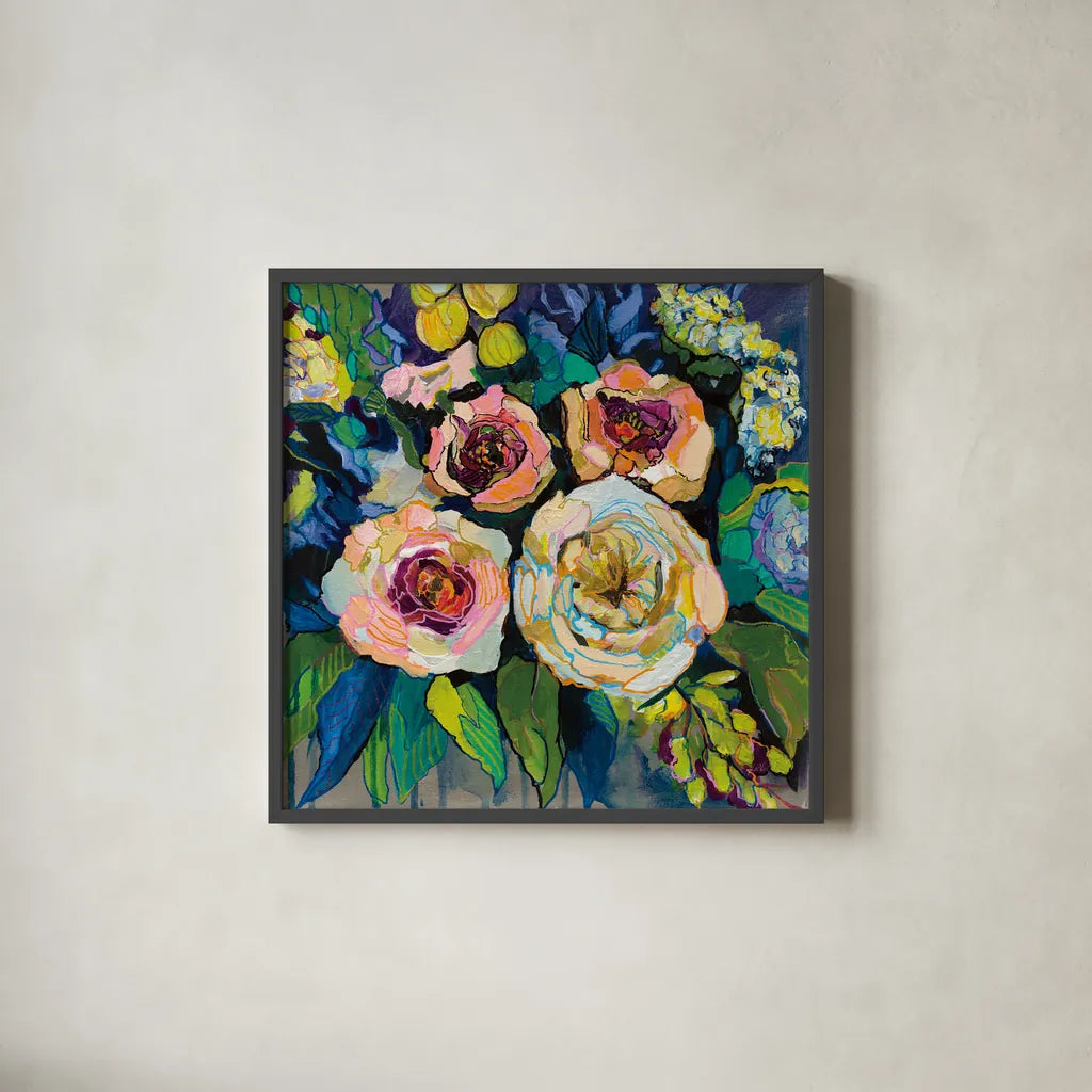 Peony Garden by Jeanette Vertentes. Shown in a sleek black glass frame for a contemporary gallery look. Available as an archival giclee rolled canvas, fine art paper, or poster print. SKU 53170a.