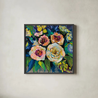 Peony Garden by Jeanette Vertentes. Shown in a sleek black glass frame for a contemporary gallery look. Available as an archival giclee rolled canvas, fine art paper, or poster print. SKU 53170a.