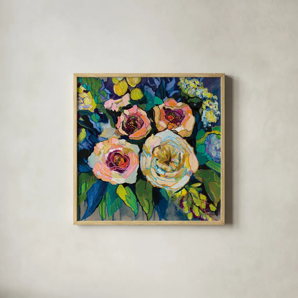 Peony Garden by Jeanette Vertentes. Shown in a natural wood glass frame for a timeless modern aesthetic. Available as an archival giclee rolled canvas, fine art paper, or poster print. SKU 53170a.