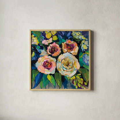 Peony Garden by Jeanette Vertentes. Shown in a natural wood glass frame for a timeless modern aesthetic. Available as an archival giclee rolled canvas, fine art paper, or poster print. SKU 53170a.