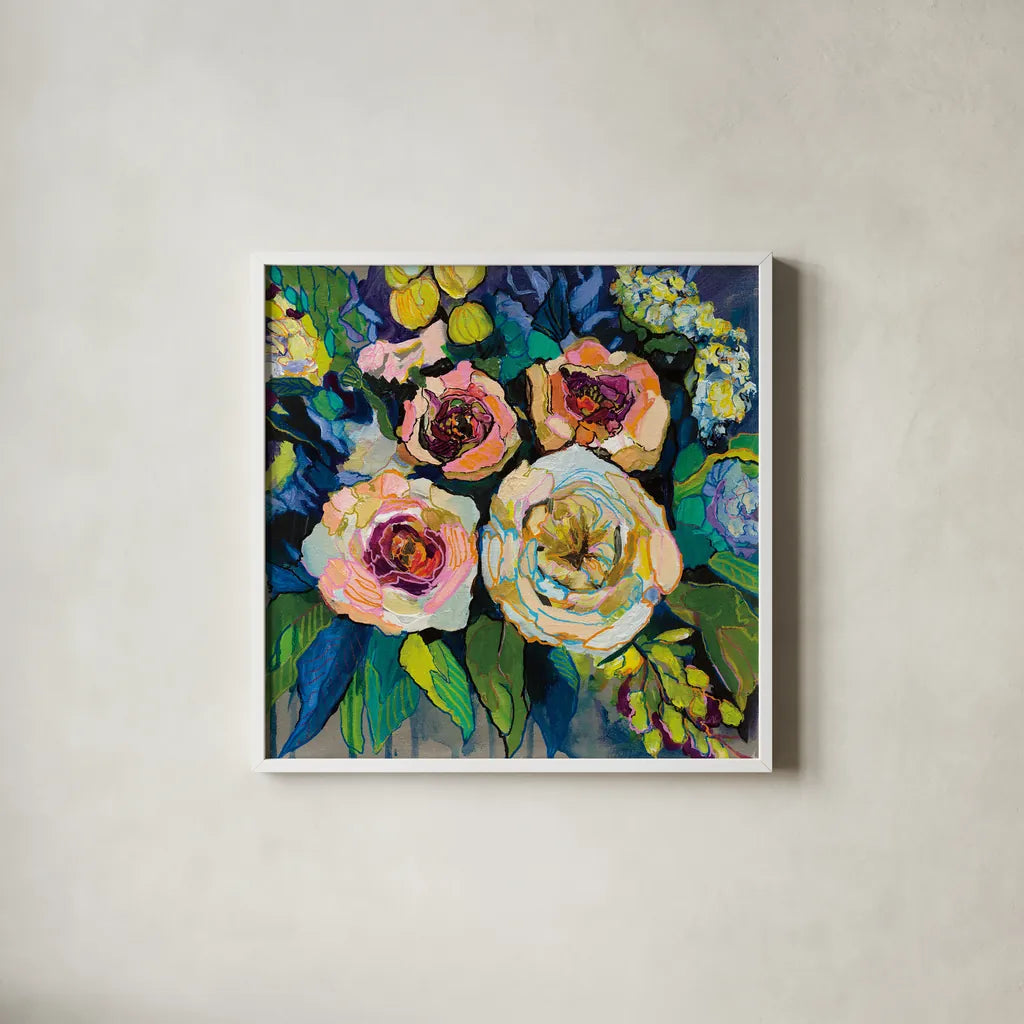 Peony Garden by Jeanette Vertentes. Shown in a crisp white glass frame for a clean and minimalist style. Available as an archival giclee rolled canvas, fine art paper, or poster print. SKU 53170a.